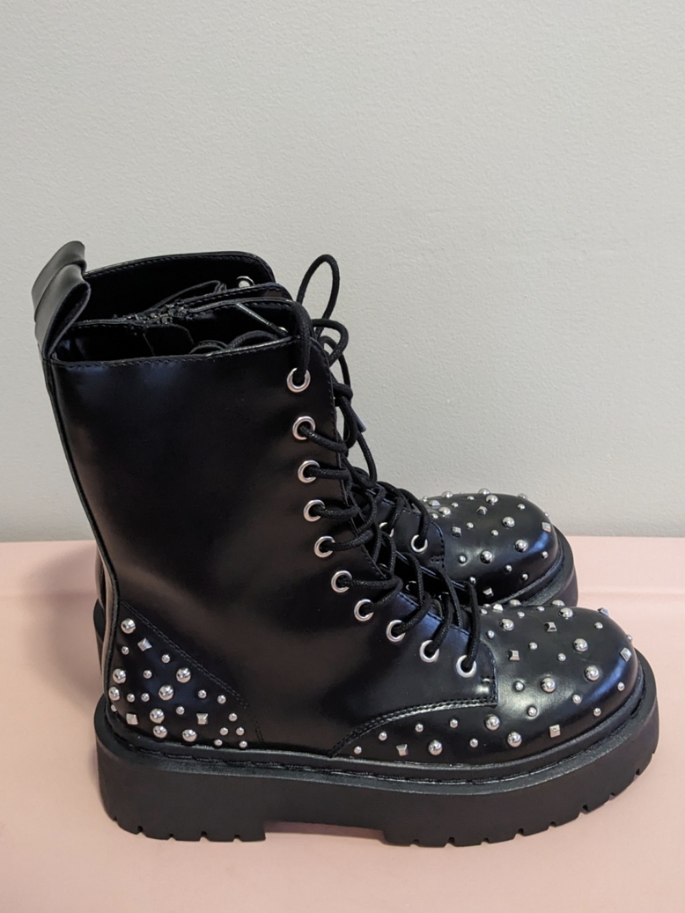 Black Studded Combat Boots - Women 7.5